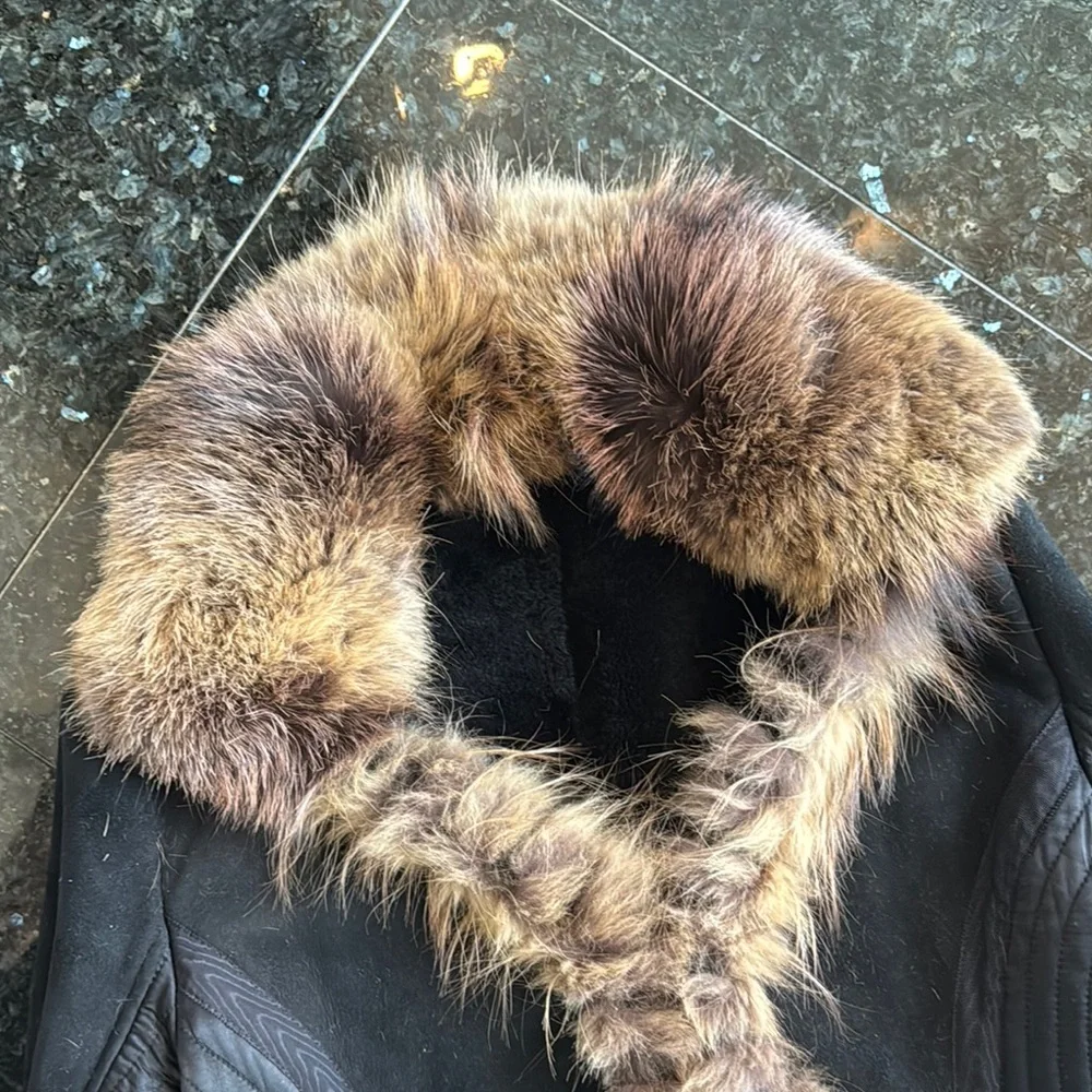 Roberto Cavalli Shearling Suede Black Fox Fur-Trimmed Women's Coat Size 48 - Picture 2 of 13